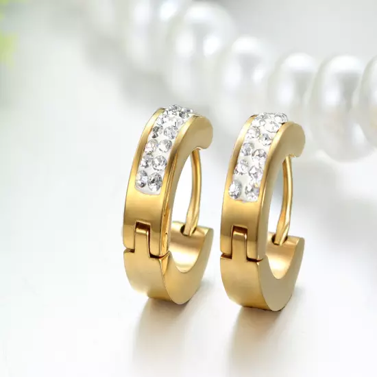 Men's Women's Unisex Stainless Steel Rhinestone Charm Hoop Huggie Earrings 2PCS