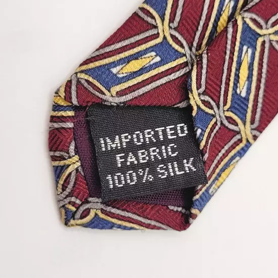 Geoffrey Beene Classic Silk Necktie USA Made Geometric Maroon Blue Yellow Shades