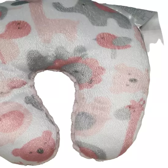 Baby/Toddler Pink Gray Farm Animals Soft Travel Neck Pillow 8" Long 7" Wide EUC