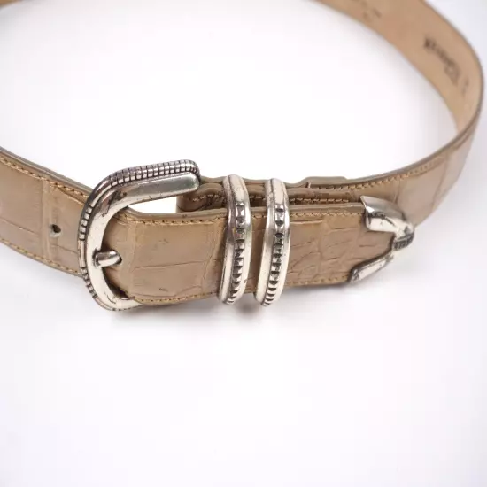 KWANPEN Genuine Crocodile Handmade Belt Womens Tan Silver Buckle Leather Sz 38