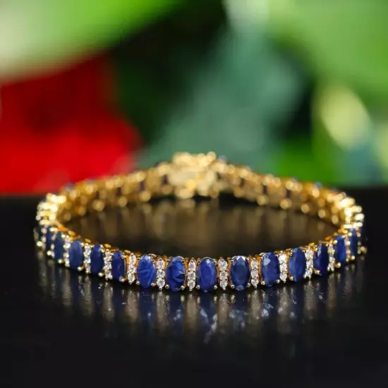 10Ct Lab-Created Blue Sapphire Women's Oval Tennis Bracelet 14K Yellow Gold Over