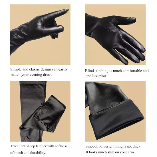 Women super Long Real Sheep Leather Shoulder length Gloves Black