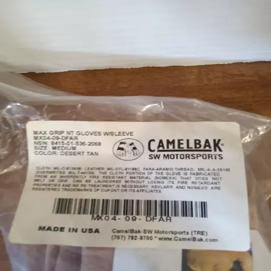 Camelbak Max Grip NT Glovesw/Sleeve Desert Tan Medium MX04-09-Dfar New 