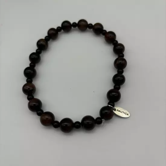 Nautica Bracelet Brown Tiger Eye Men Stone Stainless Steel Beaded Bracelet