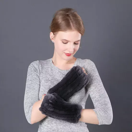 Women's Fluffy Real Rex Rabbit Fur Gloves Elastic Wrist Fingerless Winter Warm