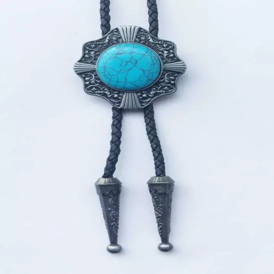 Vintage Bolo Tie Western Cowboy Blue Turquoise Mens Alloy Necklace PU Rope Party