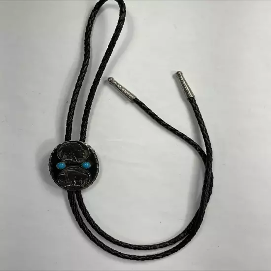 Vintage Leather & Buffalo Nickel Indian Head Nickel Bolo Tie Western Southwest