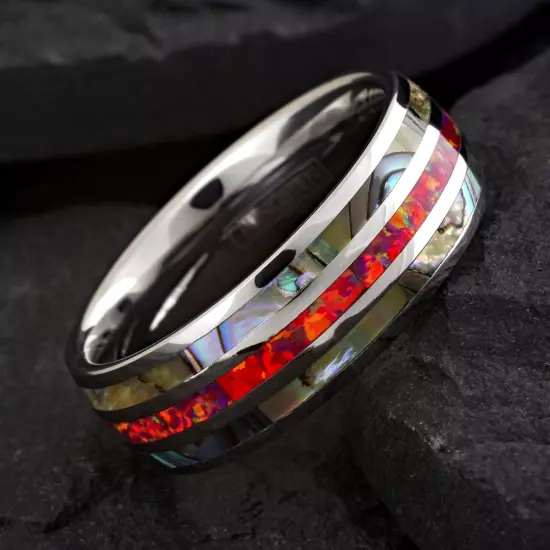 8mm Tungsten Men's Pink/Red Opal w/ Abalone Striped Wedding Band Ring