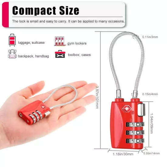 TSA Approved Cable Luggage Lock, 3 Dight Combination Padlock for Suitcases, B...