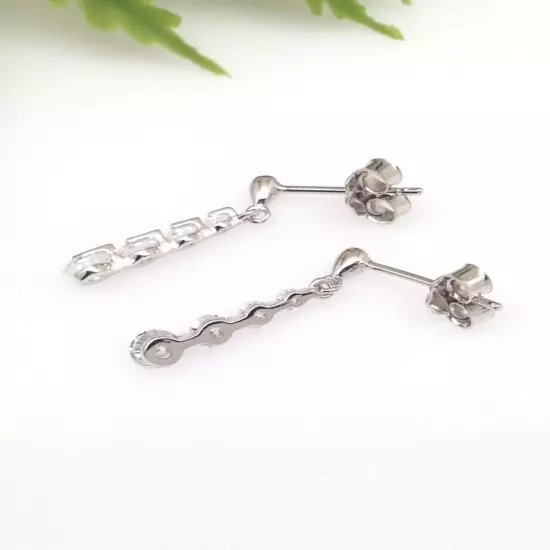 Dainty Graduated Cz Dangle Earrings 925 Sterling Silver Tiny 19mm x1.5/3.2mm