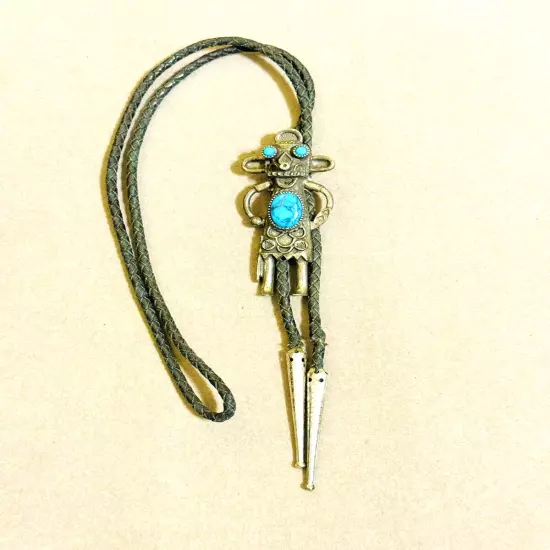 Vintage Southwestern SANCREST pewter bolo tie with faux turquoise leather