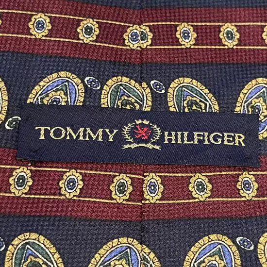 Tommy Hilfiger Blue Burgundy Gold 100% Silk Men’s Neck Tie Made In Usa