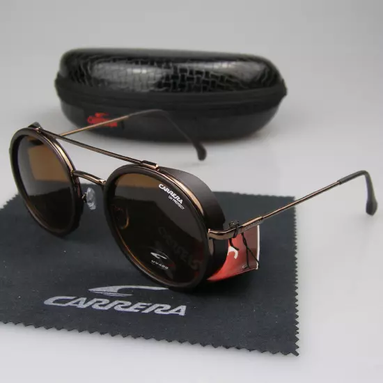 Men Women Retro Sunglasses Matte Black Metal Round Frame Carrera Glasses+Box C39