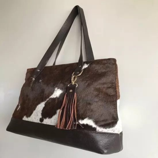 Women Cowhide Tote Bag Real Hair On Tricolor Shoulder Bag Cowhide Fur Purse Bag