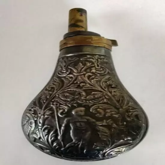 VINTAGE RARE ORNATE BRASS PEWTER MUZZLELOADER GUN POWDER FLASK NUDE MAN ADAM