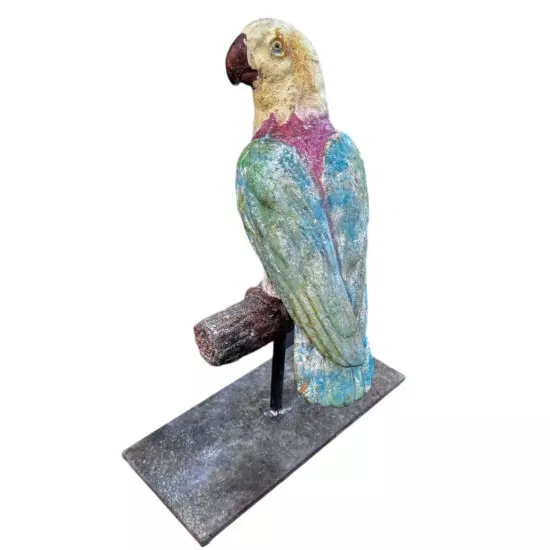 Distressed Perched Cement Parrot on Iron Stand