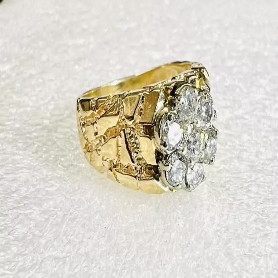 14K Solid Yellow Gold 1 TCW. Diamond Ring Nugget Mens Ring Size 10.5