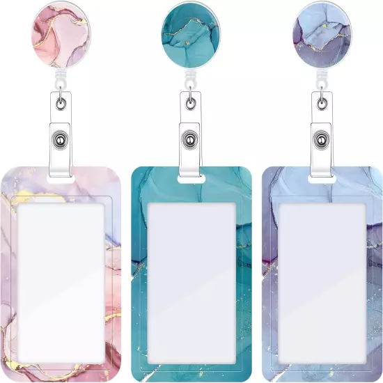 3 Set Heavy Duty Badge Holder with Retractable Reel, Marble Retractable ID Badge