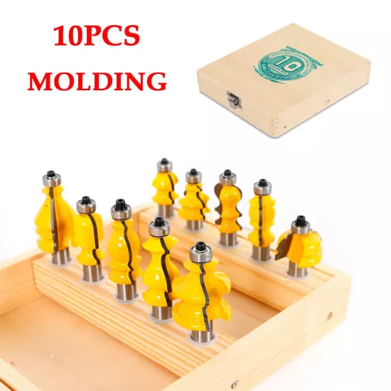 10Pcs 1/2'' Shank Woodworking Milling Tool Architectural Molding Router Bits Set