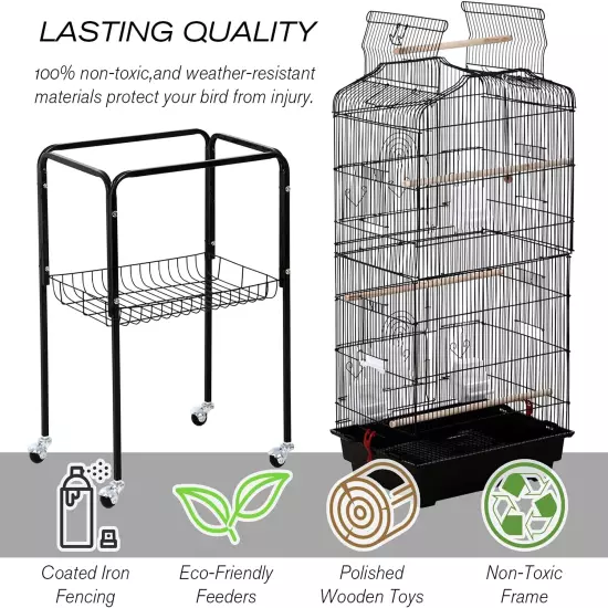 Bird Cage Parakeet 64 Inch Open Top Standing Parrot Accessories with Rolling Sta