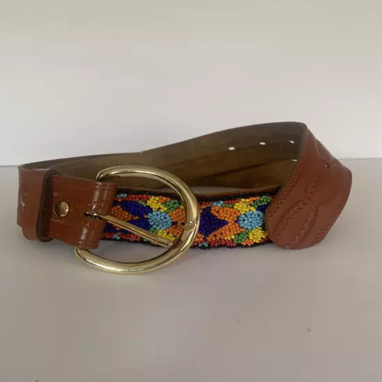 Genuine Leather Women’s Beaded Belt Strap Gold Buckle Color Brown Size 30