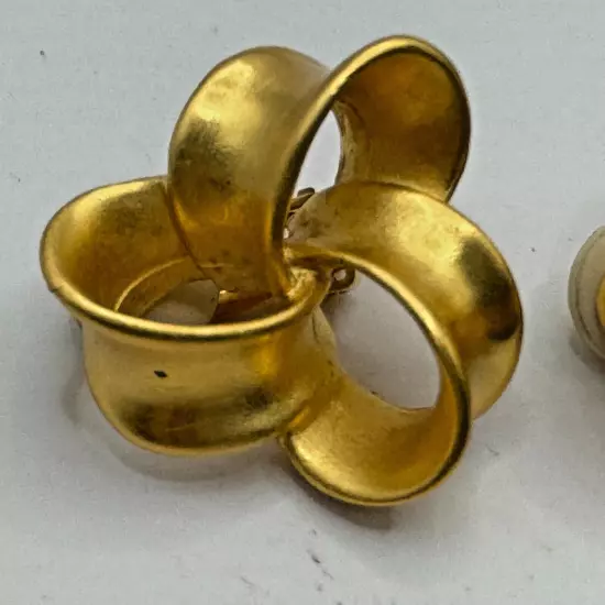 Anne Klein Clip On Earrings Brushed Gold Tone Knot Signed AK Vintage Puffy