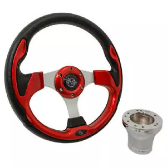 Club Car Precedent Golf Cart Red Rally 12.5" Steering Wheel and Chrome Adapter