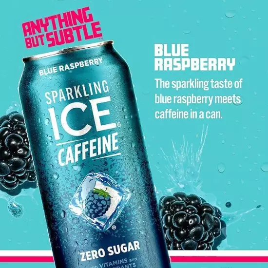 Sparkling Ice +Caffeine Blue Raspberry Sparkling Water, with Antioxidants and Vi