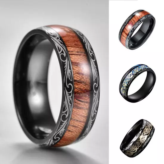 Mens Wood Inlay Stainless Steel Engagement Ring Men's Wedding Band Jewelry Gift^