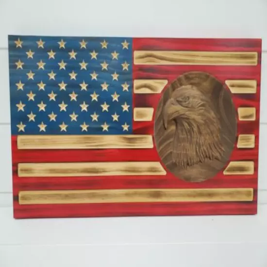 19" Rustic American Flag engraved 3D eagle gun storage safe concealment cabinet