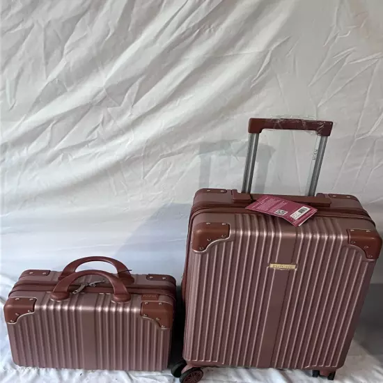 New Puiche Expandable Spinner 20" Pink Suitcase Carry On Luggage 2 Piece Set