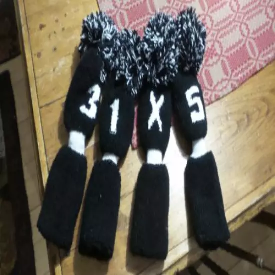 4 KNIT GOLF CLUB Head COVERS with POM POMS Black and White