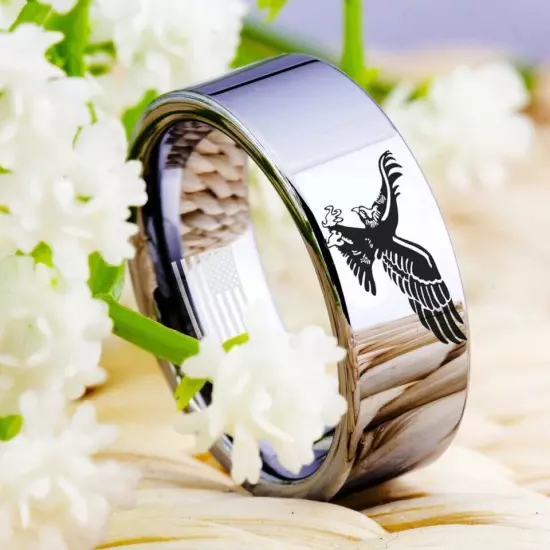 8MM Men Women Tungsten Carbide Ring Eagle with American Flag Comfort Fit Ring