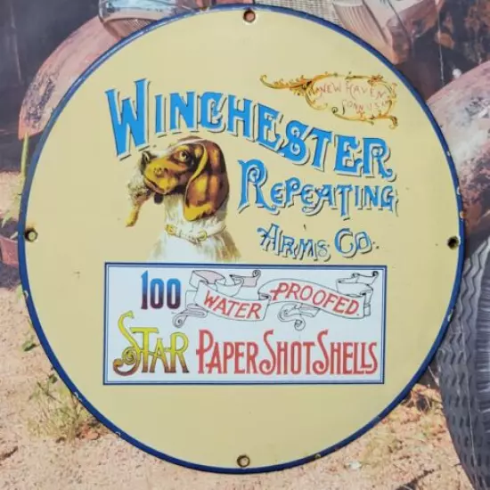 VINTAGE WINCHESTER AMMUNITION REPEATING PORCELAIN GUN SIGN INDIAN COLT REMINGTON