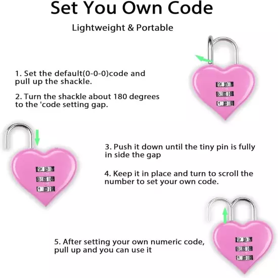 2Pcs Pink Combination Lock, Heart Shape 3 Digital Password Padlock, Mini Outdoor