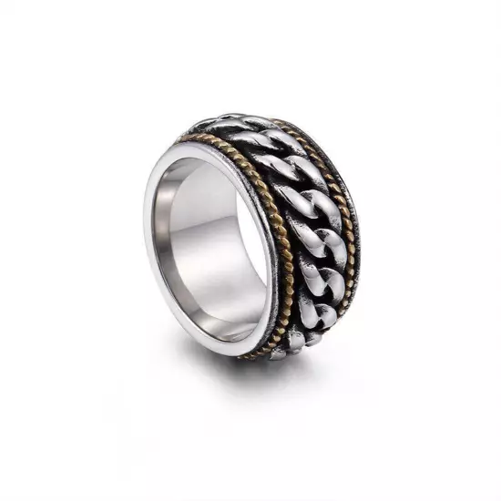 12MM Width Biker Chain Wedding Ring Stainless Steel Men's Punk Ring Silver Gold