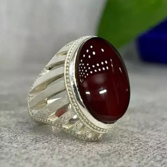 Blood Red Yaman Agate Mens Ring - Natural Yemeni Aqeeq in 925 Sterling Silver