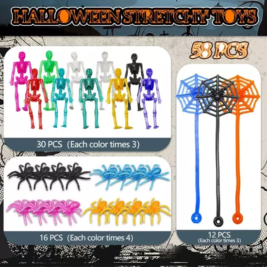 58PCS Halloween Party Favors Stretchy Toys Treats Skeleton Spider... 