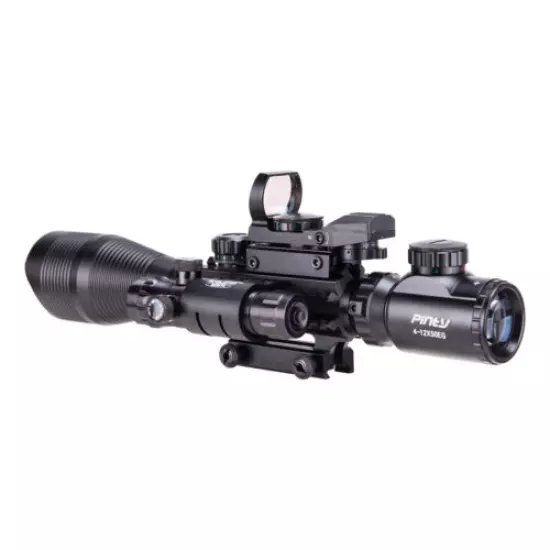 Pinty 4-12X50 Rangefinder Reticle Rifle Scope Green Laser & Dot Sight