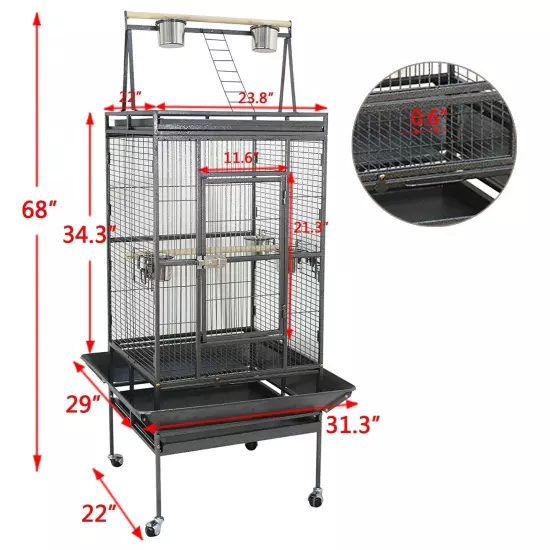 68"H Large Spacious Bird Cage with Rolling Stand Metal Frame