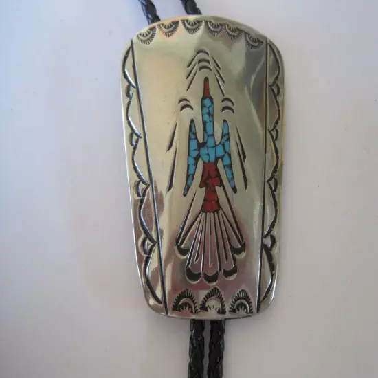 WN Bolo Inlaid Turquoise Coral Silver 2.5" x 2" 