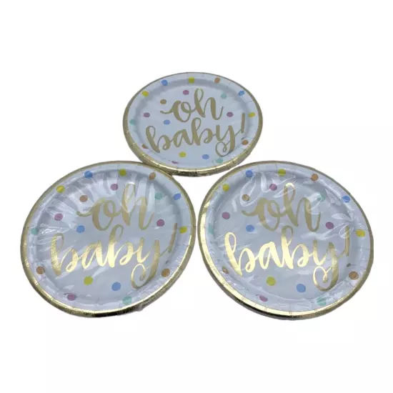 BABY SHOWER “Oh Baby” SMALL PAPER PLATES 24 Count, 7” Desert Plates Gold White