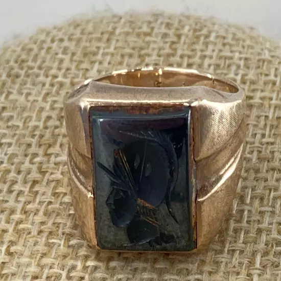 10K Gold Kimberly Intaglio Hematite Warrior Spartan Seal Osby Barton Style Retro