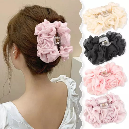 Large Chiffon Rose Flower Bow Hair Claw Jaw Clips For Women Hair Clamps•