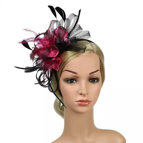 Women Fascinator Feather Hat Flower Hair Clip Church Wedding Party Headwear Clip