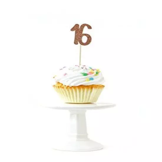 24 piece Number 16 Rose Gold Glitter Cupcake Toothpick Toppers 