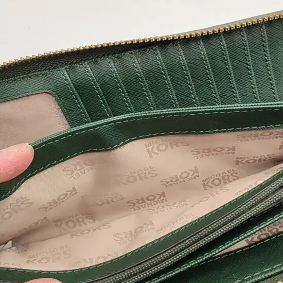 Michael Kors Wallet Zip Around Pebbled Leather Coin Purse Travel Organizer Green