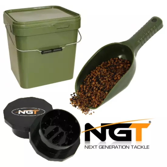 5L SQUARE GREEN BAIT BUCKET + BAIT GRINDER + NGT BAITING SPOON CARP FISHING SET