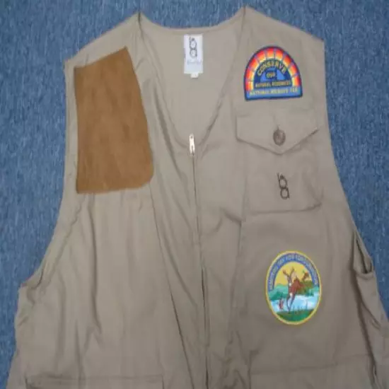 VINTAGE BOB ALLEN KHAKI & SUEDE HUNTING VEST with PATCHES SIZE XXL