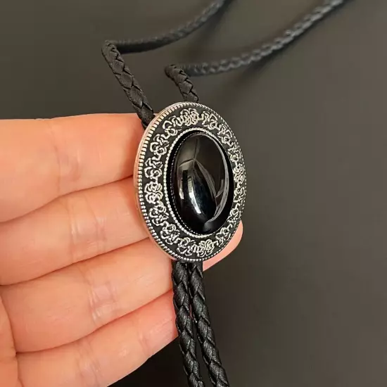 Natural Black Onyx Stone Bolo Tie Western Vintage Alloy PU Rope Wedding Necklace